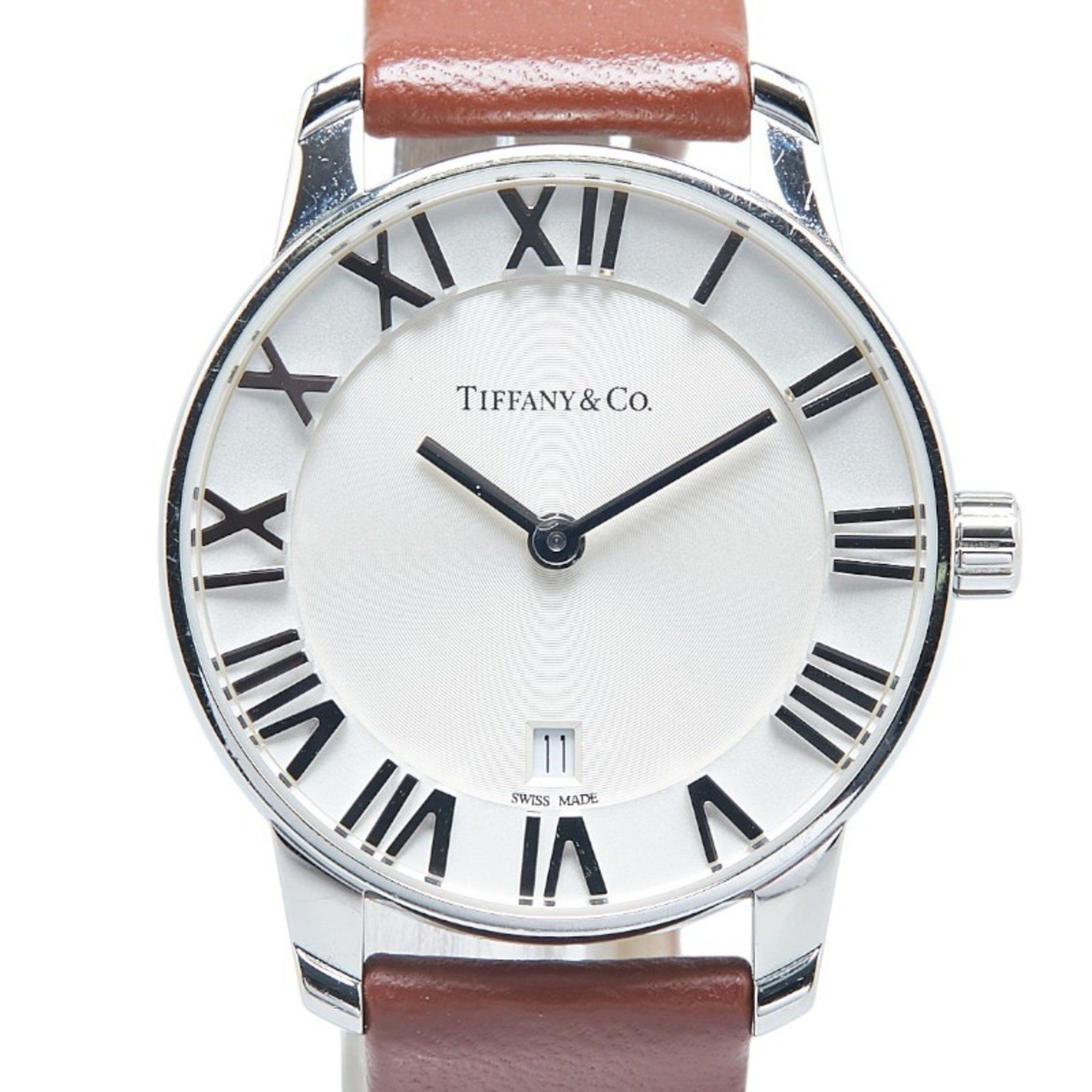 Tiffany & Co. Atlas Dome Date Quartz Watch with Silver Dial, Stainless Steel, and Leather Strap for