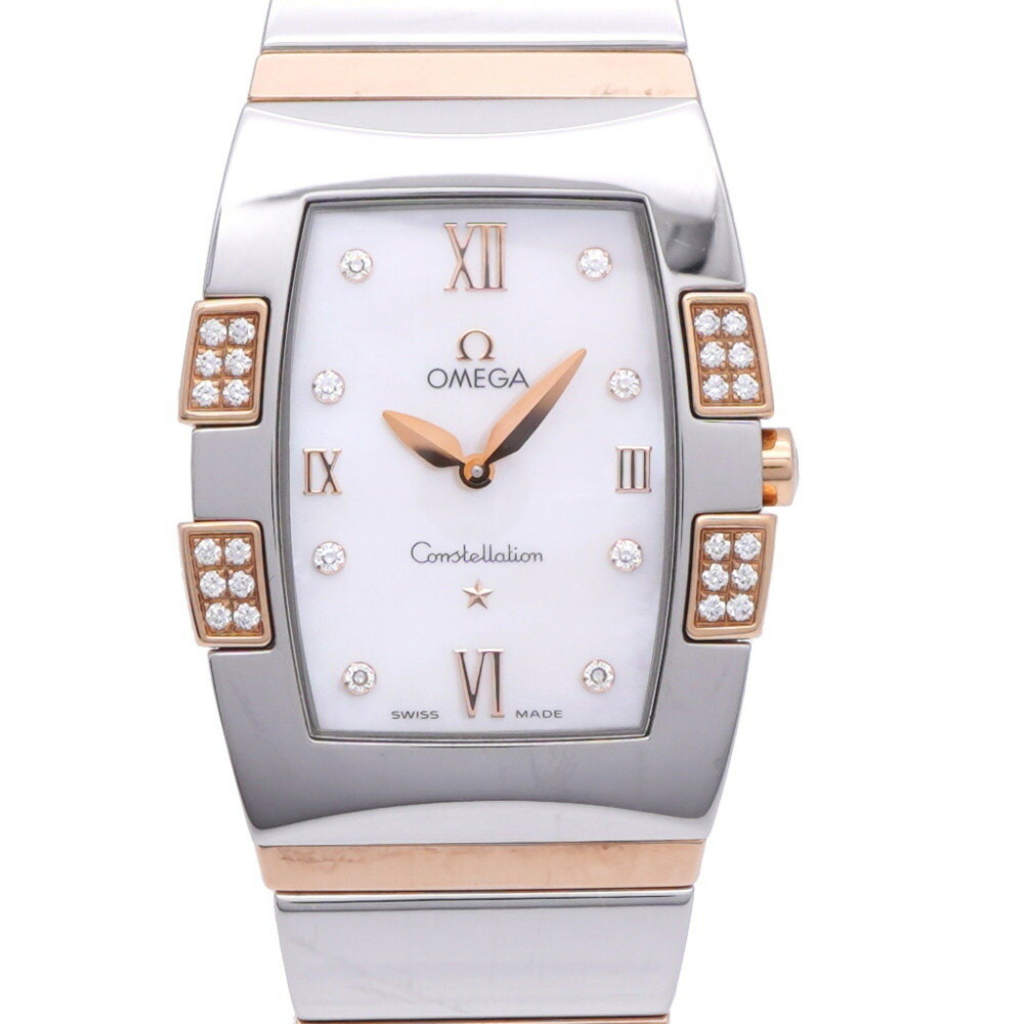 OMEGA Constellation Quadrella 1286.75 Quartz Watch SS/Diamond/Pink Gold White Shell 0219OMEGA Ladies