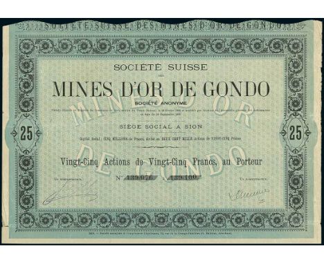 Société Suisse des Mines d'Or de Gondo. Zertifikat 25 Aktien zu je Fr.25. Sion, 14.9.1895. #139076/100. Blaugrün. Im Gebiete 