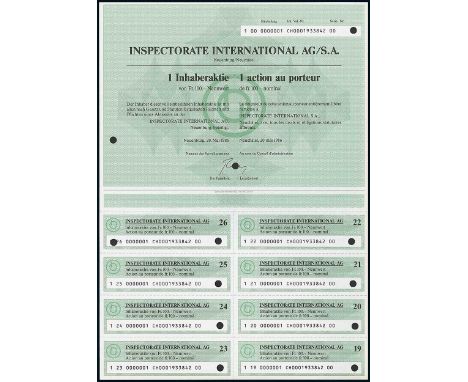 Inspectorate International AG. Lot 3 Stück: Aktie Fr.100. Neuenburg, 20.5.1986 - Partizipationsschein Fr.20. Neuenburg, 20.6.