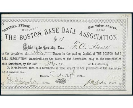 The Boston Base Ball Association. Certificate 4 Shares. Boston 29.10.1871. #4. Established in 1871, the Boston Red Stockings 