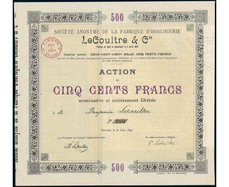 Société Anonyme de la Fabrique d'Horlogerie Le Coultre & Cie. Action Fr.500. Sentier, 30.6.1899. #280. Violett/hellbraun. Ant