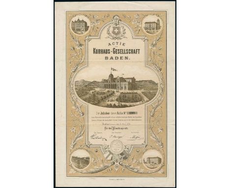 Kurhaus-Gesellschaft Baden. Aktie Fr.200. Baden 31.3.1874. #1268. Braun. Gründerstück. Im Juni 1871 wurde diese Gesellschaft 