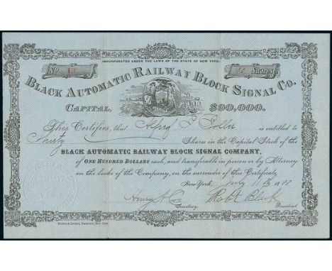 Black Automatic Railway Block Signal Co. Certificate 30 Shares. New York, 11.7.1888. #13. Grey/blue. Signed by the inventor R