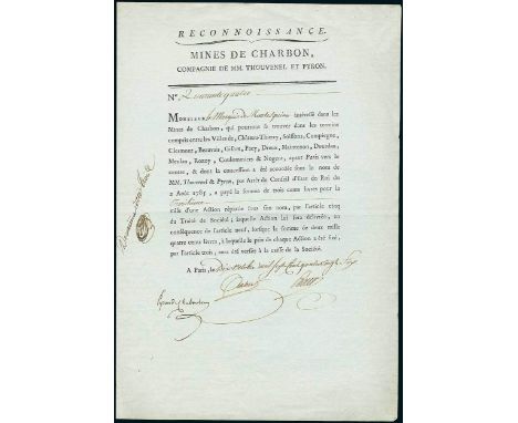 Mines du Charbon, Compagnie de MM. Touvenel et Pyron. Action de 300 Livres, Paris 10.10.1786. #44. The company owned a 1785 c