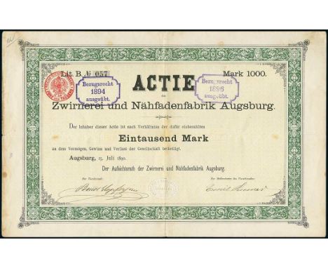 Zwirnerei und Nähfadenfabrik Augsburg. Actie 1000 Mark, Augsburg 15.7.1890. Lit B #057. Einzelstück beim Einlieferer. Die Ges