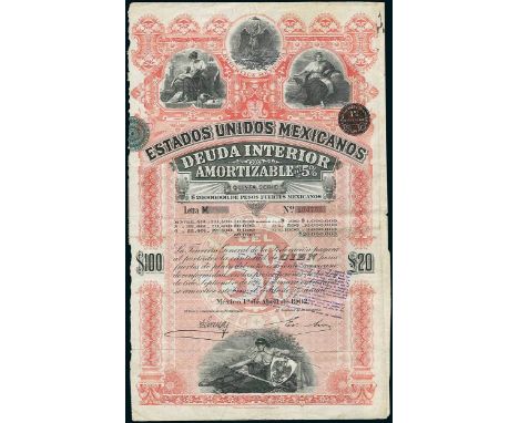 Estados Unidos Mexicanos. 5% Deuda Interior Amortizable, Letra M, $100 = £20, 1.4.1902. #184752. Red. With Coupons from 4.192