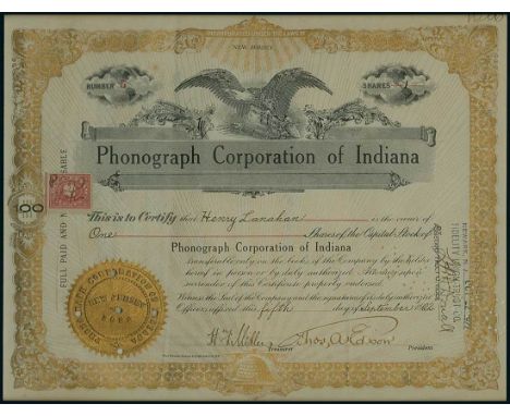 Phonograph Corporation of Indiana. Certificate 1 Share. 5.9.1922. #5. Goldbrown. Original "umbrella" signature of Thomas Alva