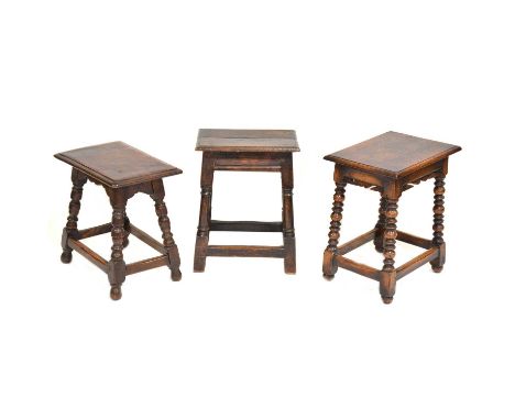 Reproduction joined oak stool, rectangular top, moulded edge, bobbin-turned legs, plain rails, 46cm x 33cm, height 54cm; and 