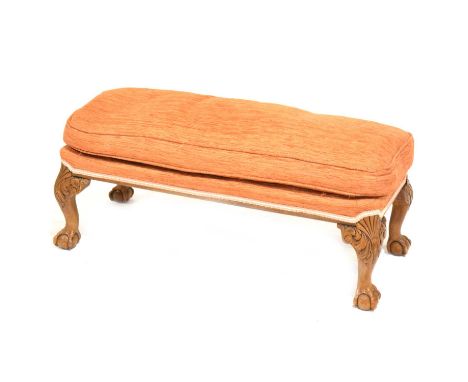 Long footstool, carved walnut cabriole legs with ball and claw feet, upholstered top, 95x40cm, height 38cm.Qty: 1Condition re