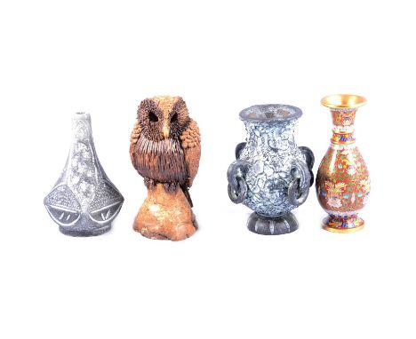 Box of assorted modern Oriental decorative ceramics, including a curled porcelain cat, egg-shell tea cups and saucers, cloiso
