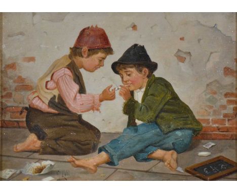 G Lodi,Boys, a pair,oil on board, possibly over a print foundation, signed,14x18cm.Qty: 2