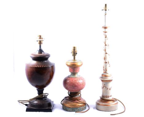 Collection of table lamps, including a pair of spherical lamps in the Chinese style, pair of ovoid pottery lamps with floral 