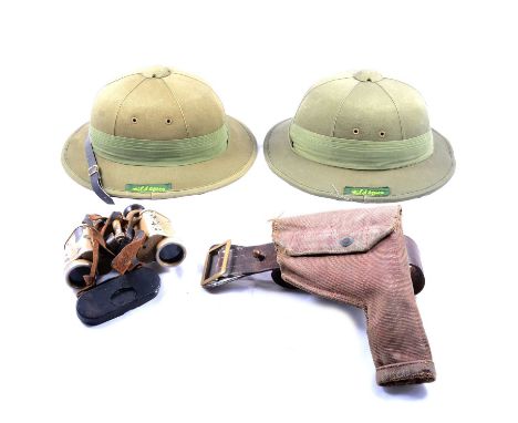 WWII Afrika Corps binoculars; WWII Taylor-Hobson binoculars; WWII marching compass; military belt; two khaki pith helmets, et