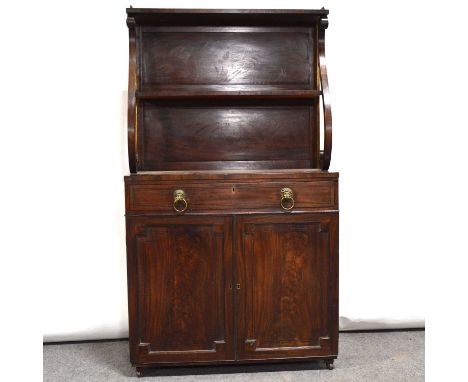 Regency mahogany chiffonier, raised back witih two shelves, base with drawer above a cupboard, width 82cm, depth 42cm, height