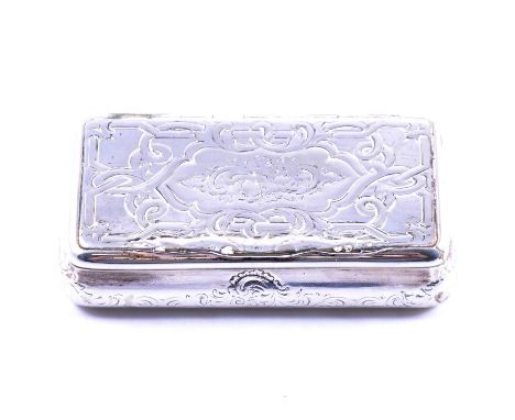 A Swedish white metal snuff box, 1859, inside lid marked F Zetterberg, scroll design to lid and sides, engraved personal insc