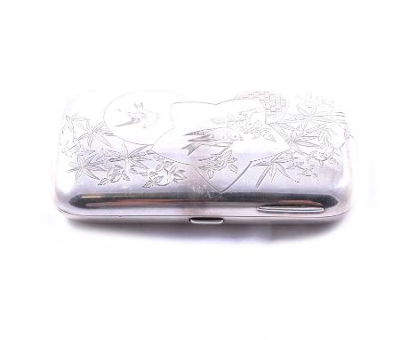 A Victorian silver cigarette / card case, George Unite &amp; Sons, Birmingham 1883, engraved birds and bamboo decoration to f