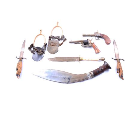 Belgian pocket revolver, cylinder stamped ELG, pocket pistol with screw off barrel, Bowie knife, two Continental hunting kniv