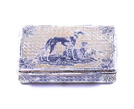 A French 19th century white metal and niello snuff box, lid with engraved hounds, base with engraved hound and gamebird, gilt