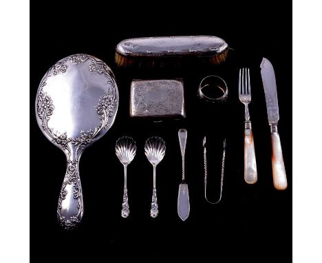 Quantity of silver and plated wares, including pair of small silver serving spoons, cased, silver butter knife and sugar tong