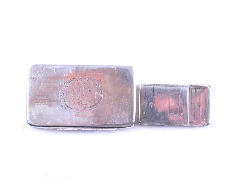 An early Victorian silver snuff box, Edward Smith, Birmingham 1843, engraved scroll decoration to lid and sides, engraved ini