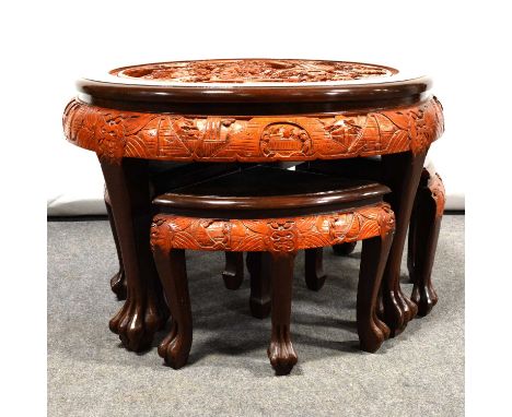 Chinese carved wood table and four nesting stools. diameter 81cm.Qty: 5