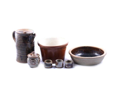 Collection of studio stoneware table wares, preserve pots, three egg cups, bowls, etcCondition report:The large preserve pot 