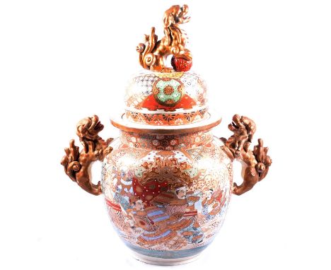 Large Satsuma pottery Koro and cover, with gilt temple dog finial and mounted handles, the body decorated with warriors, heig