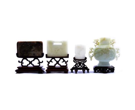 Chinese carved jade moon flask, on a stand, overall 13cm, three carved jade panels on stands, seated dog, bird, two figures o