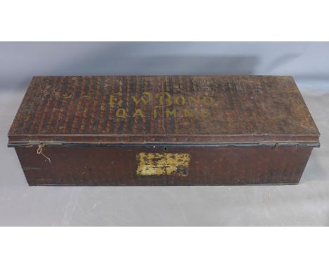 A WWI metal trunk, with stencil for Dr E. W. Bond of the  Queen Alexandra's Imperial Military Nursing Service to top, with ne