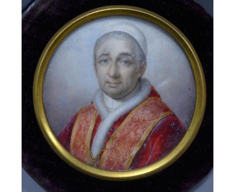 G. Lorenzini (19th century Italian), a miniature circular portrait of Pope Gregory XVI, in velvet lined circular frame, Diame