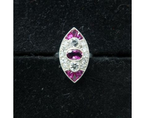 A platinum marquise-shaped ruby and diamond Victorian style ring, size N 1/2 