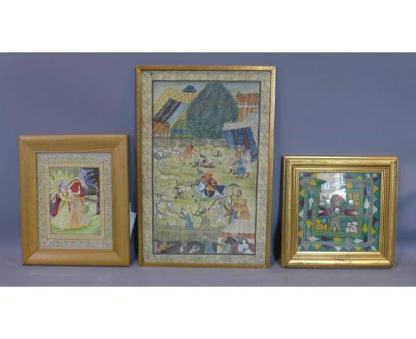 A Persian painting on silk depicting a hunting scene, within a floral border, framed and glazed, 57 x 37cm, together with an 