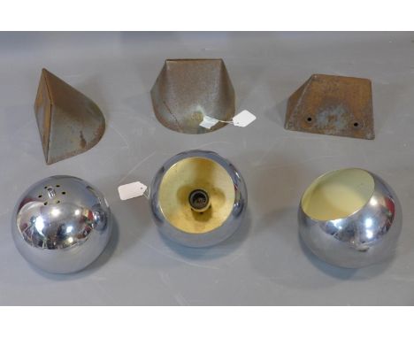 3 French metal wall planters and 3 vintage chrome light fittings 