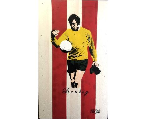 Professor Pigment, 'Bansky'.- a large Signed, graffiti style painting of England goalkeeper Gordon Banks, on wooden chipboard