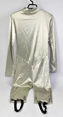 Silver Alien Jumpsuit.- a costume from an unknown science-fiction show, with full-length zip to back, card tag to right sleev