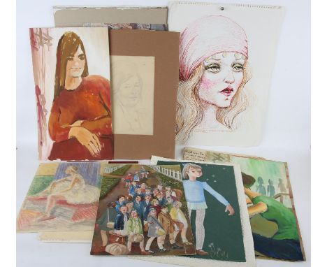 Christine Glanville (British, 1924-1999) and others, 70+ Original artworks,1940s-70s.- various mediums on paper, works by Gla