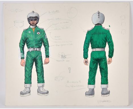 Gerry Anderson: Terrahawks, Original costume design, acrylic on card, annotations in pencil, include Show drawing to Gerry be