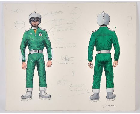 Gerry Anderson: Terrahawks, Original costume design, acrylic on card, annotations in pencil, include Show drawing to Gerry be