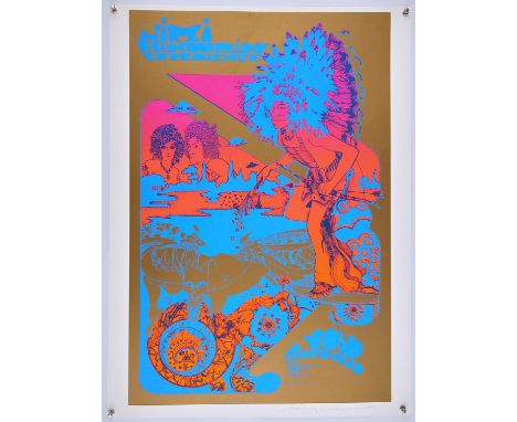 † Jimi Hendrix Experience, Signed by Nigel Waymouth.-a psychedelic screenprint with metallic gold background and image of Jim