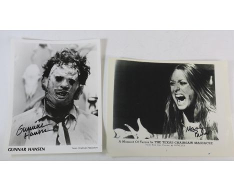 The Texas Chainsaw Massacre - 10 x 8 inch film still signed by Gunnar Hansen and a print signed by Marilyn Burns (2). 