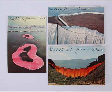 Christo and Jeanne-Claude: Three postcards designed and Signed by both.- depicted three of the artists works, comprises: Chri