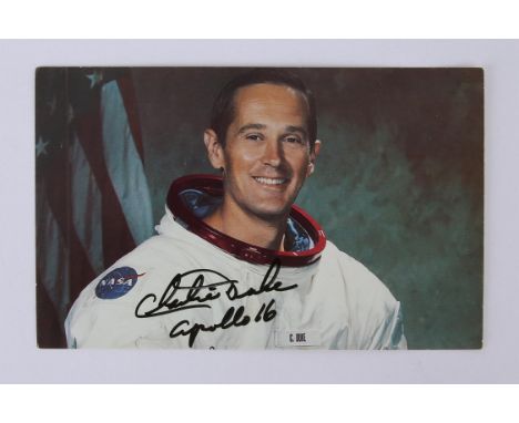 Apollo 16: Signed Charlie Duke photograph.- a colour photograph of the astronaut, Signed Charlie Duke Apollo 16 in black mark