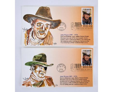 John Wayne, Hand-painted First Day Cover.- limited edition, with hand-painted illustration, numbered 1/10, postmarked Los Ang