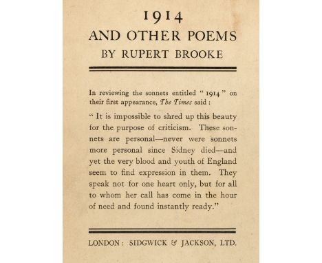 Brooke (Rupert). 1914 and Other Poems, 1st edition, London: Sidgwick &amp; Jackson, 1915, portrait frontispiece by Sherril Sc