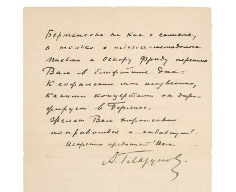* Glazunov (Alexander, 1865-1936). Russian Composer. Autograph Letter Signed, 'A Glazunov', [St. Petersburg], 4 July 1926, in