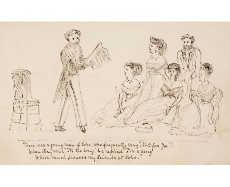 Manuscript. An illustrated book of limericks, circa 1865, 32pp., each with large illustration and limerick beneath in brown i