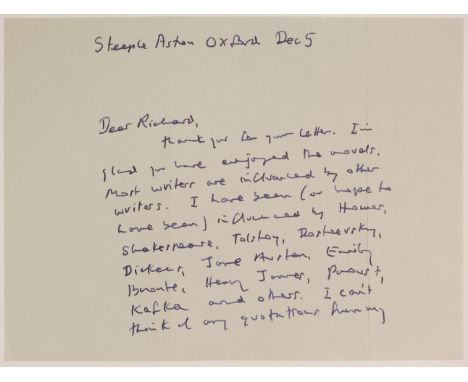 * Murdoch (Iris, 1919-1999). Irish and British Novelist and Philosopher. Autograph letter signed, 'Iris Murdoch', Steeple Ast