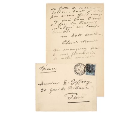 * Monet (Claude, 1840-1926). French Impressionist Painter. Autograph letter signed, 'Claude Monet', Savoy Hotel, Embankment G