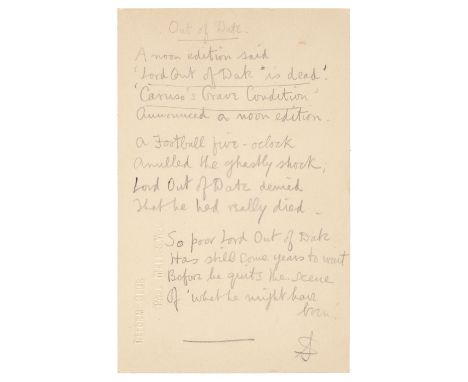 * Sassoon (Siegfried, 1886-1967). English Poet, Writer and Soldier. Autograph Poem signed with his distinctive monogram 'SS' 